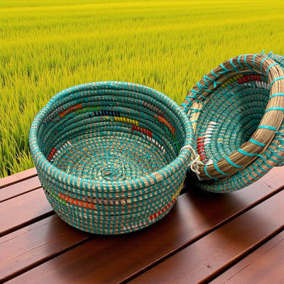 Senegal Handwoven Lidded Basket – Teal & Multicolor Accents (10.5”)