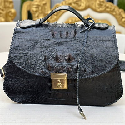 Luxury Handmade Black Textured Leather Handbag with Gold Push-Lock