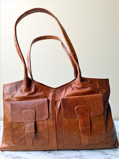 Vintage Cognac Leather Tote – Handmade 9.5” x 16” x 3” with Dual Front Pockets