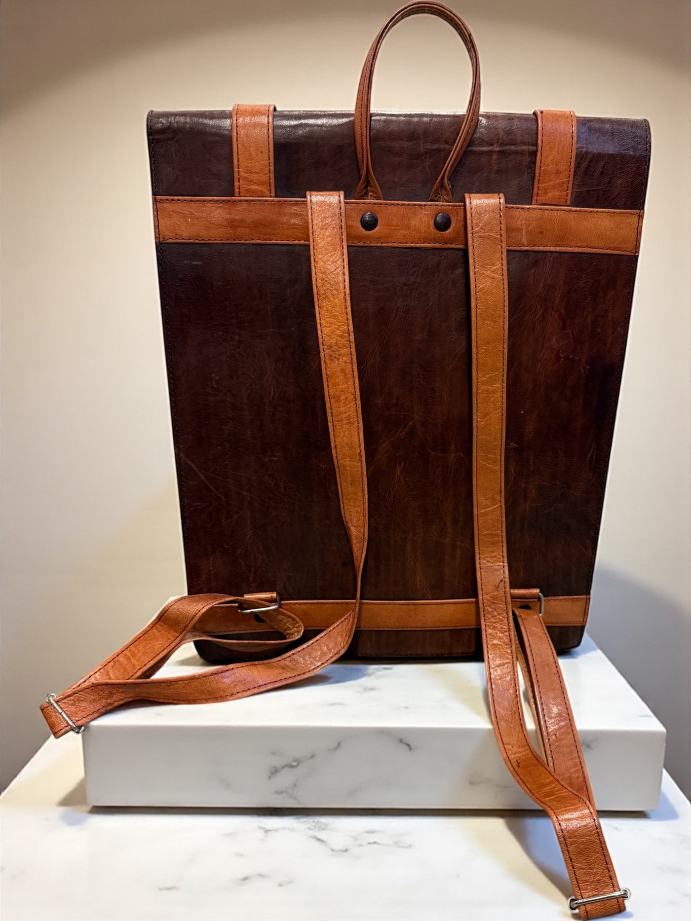 Cognac Brown Voyager Leather Backpack – Handmade in Mali (16x13x3 in)