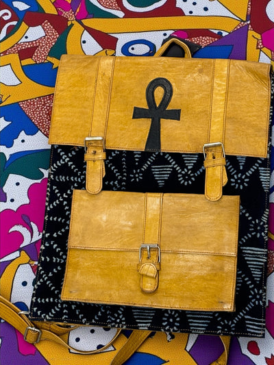 Ankh Heritage Leather & Indigo Backpack – Handmade in Mali (16x13x3 in)