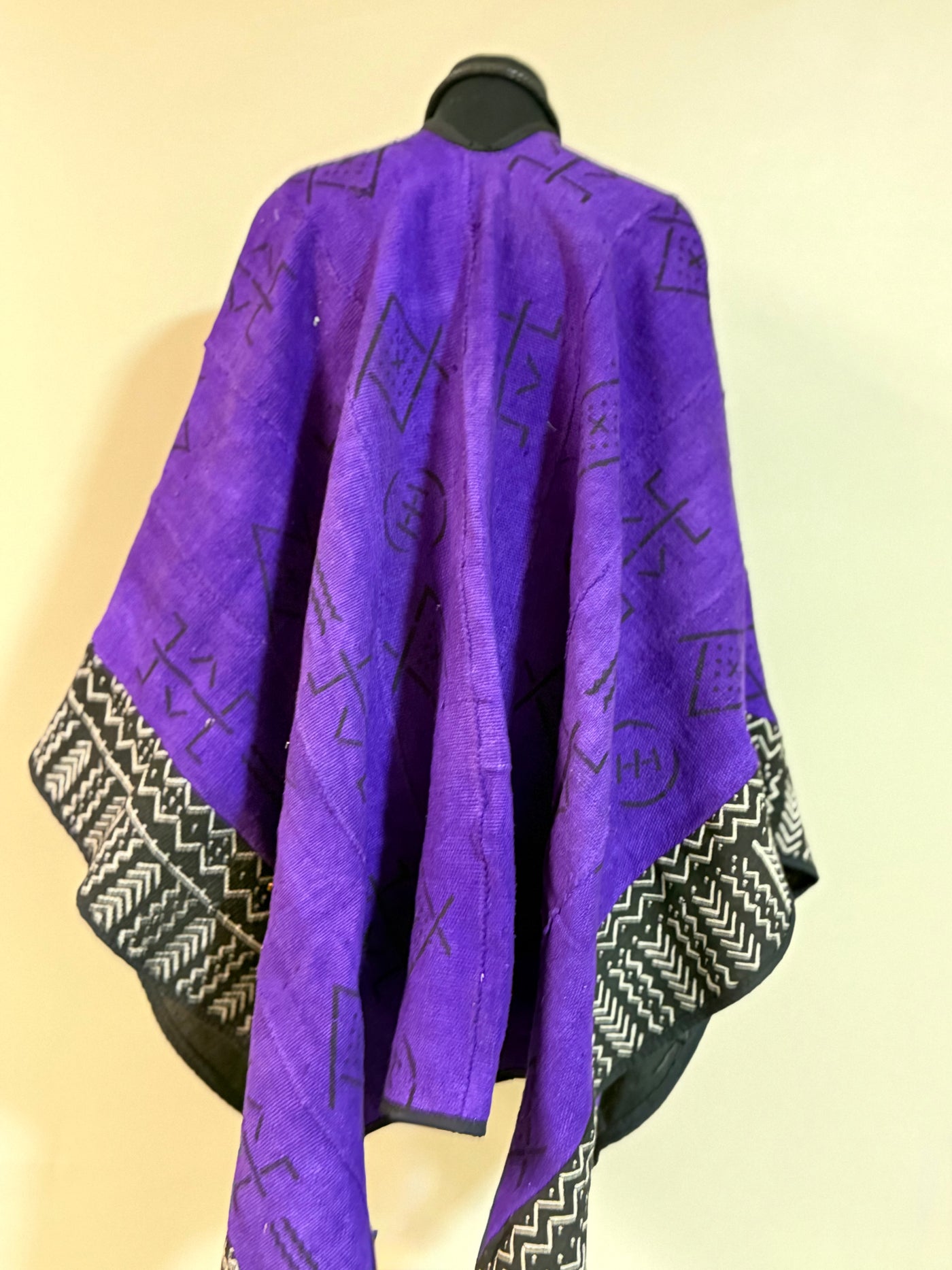 Purple Mudcloth Shawl with Black Geometric Patterns – Handcrafted, One Size Fits Most