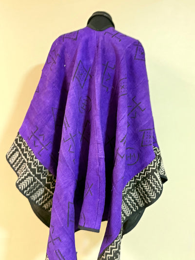 Purple Mudcloth Shawl with Black Geometric Patterns – Handcrafted, One Size Fits Most