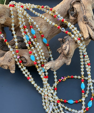 Abena’s Crystal Cascade: A Touch of Ghana Gold Blue and red Waistbeads 45 Inches