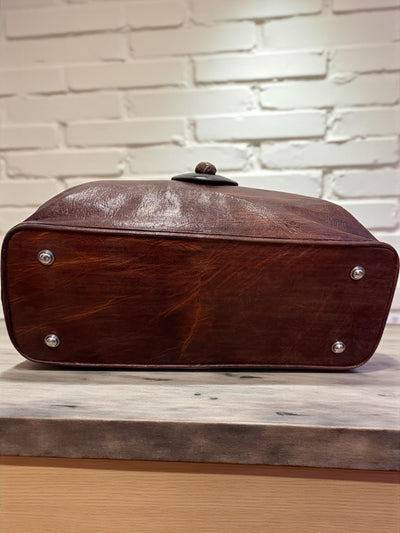 Desert Jewel Leather Tote – Genuine Brown Leather Bag with Ebony Wood Finish, Handmade in Mali (11x18x6)