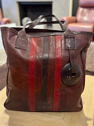 Red Ember Leather Tote – Handmade in Mali with Ebony Wood Accent