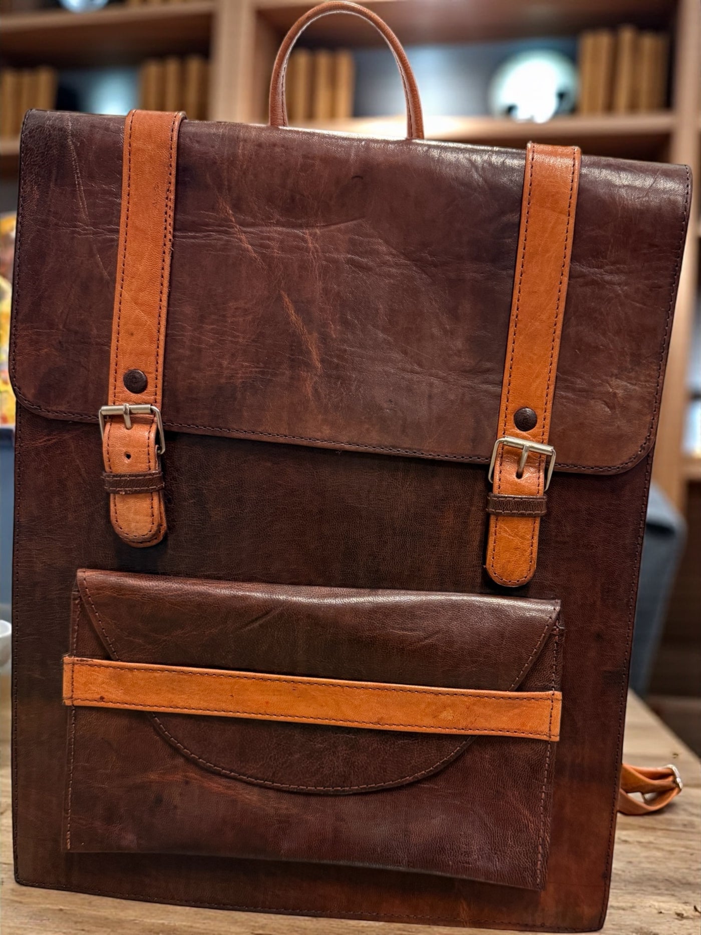 Cognac Brown Voyager Leather Backpack – Handmade in Mali (16x13x3 in)