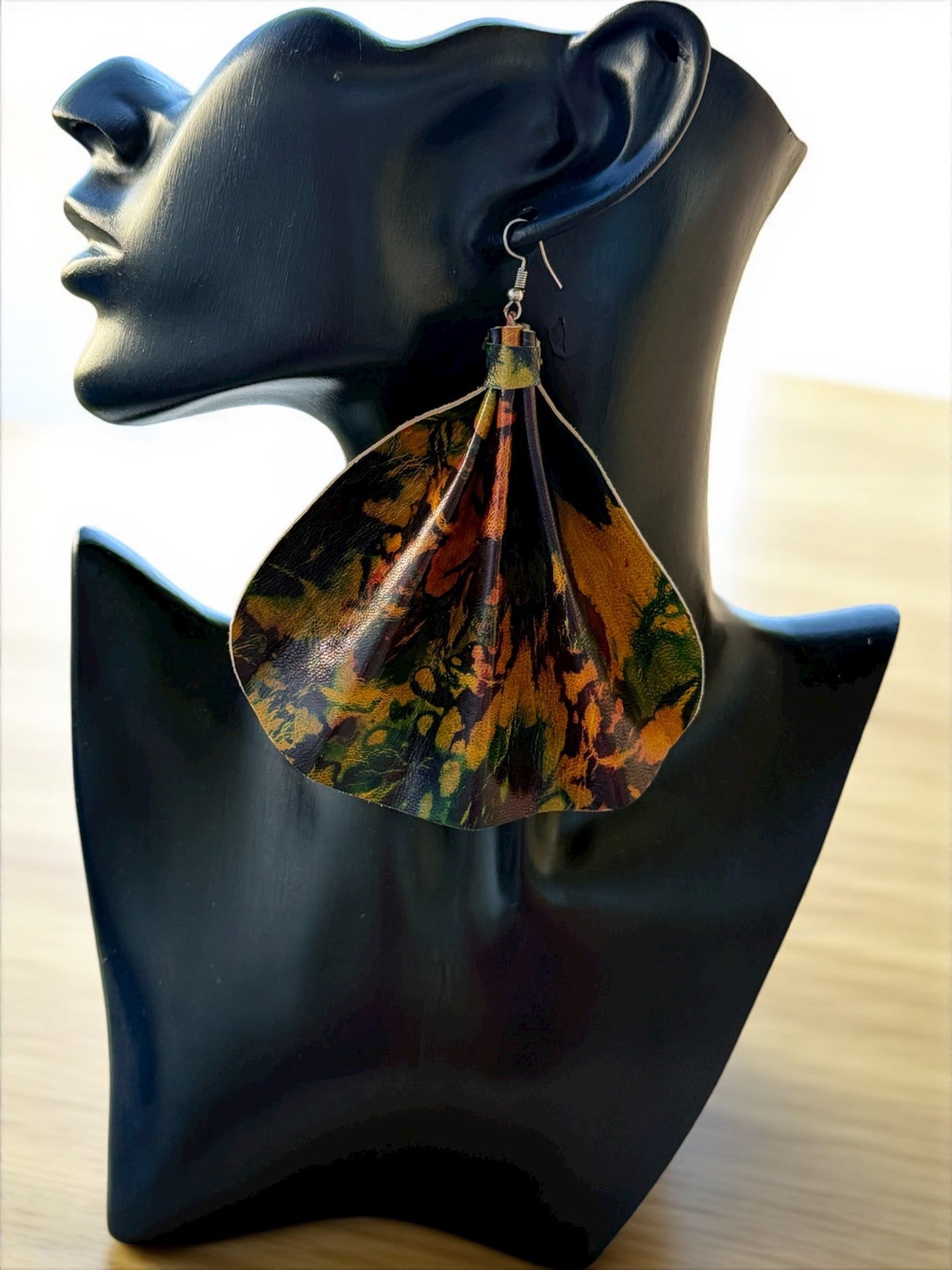 Saramani Earth Ember Leather Fan Earrings – Handmade from Recycled Leather, Burkina Faso