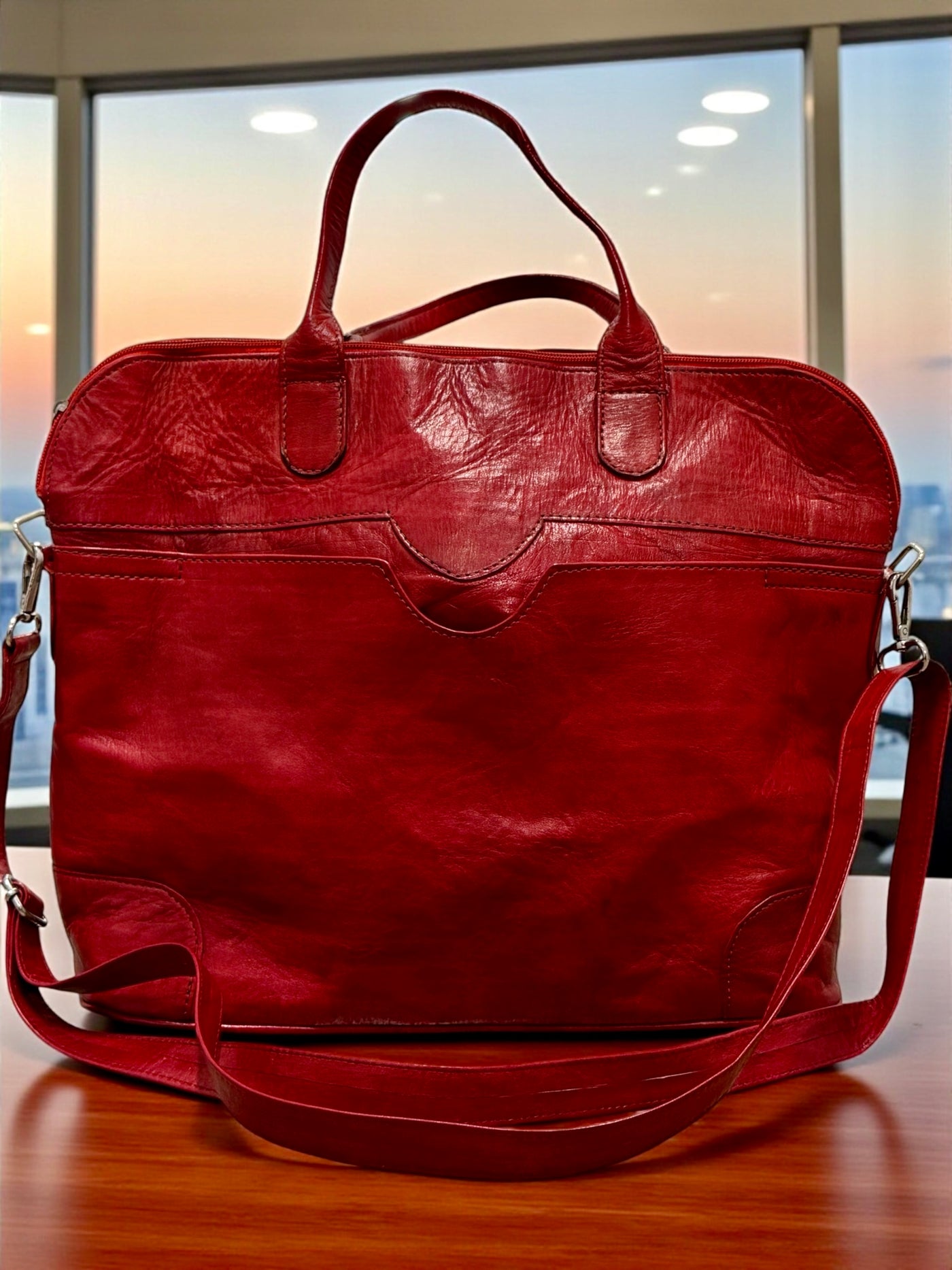 Crimson Nomad Leather Travel Bag – Handmade in Mali (13x16x5 in)