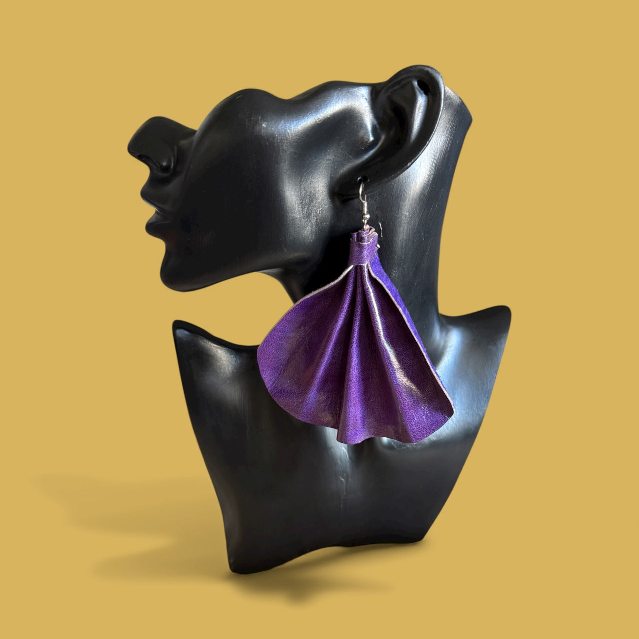 Saramani Royal Plum Leather Fan Earrings – Handmade from Recycled Leather, Burkina Faso