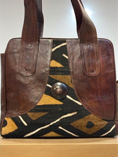 Bogolan Heritage Tote – Brown Leather & Mudcloth Bag Handmade in Mali (14x15x8)