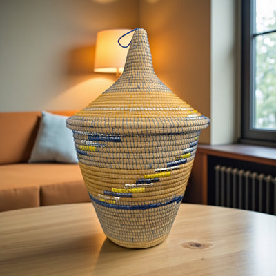 Rwanda Handwoven Lidded Basket – Blue, Yellow & Metallic Silver Accents (17.5”)