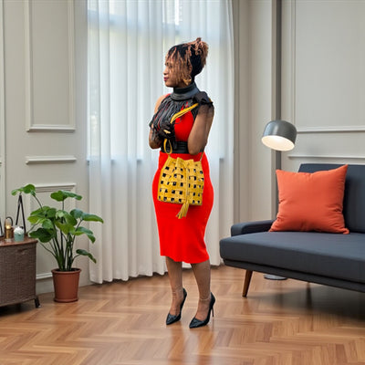 Yellow Waffle Weave Leather & Mudcloth Bucket Bag – Handmade in Mali