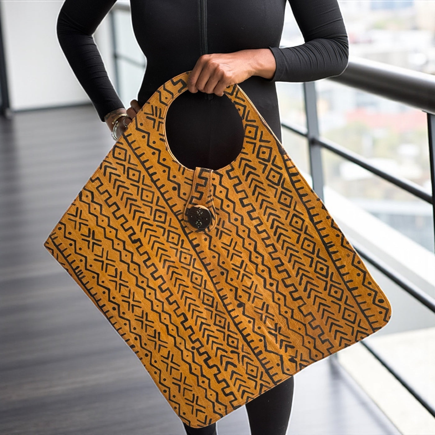 Golden Yellow Oversized Mudcloth-Inspired Leather Tote Bag – Two-Tone Handcrafted Statement Piece (25x22 inch)