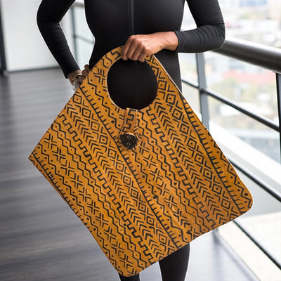 Golden Yellow Oversized Mudcloth-Inspired Leather Tote Bag – Two-Tone Handcrafted Statement Piece (25x22 inch)