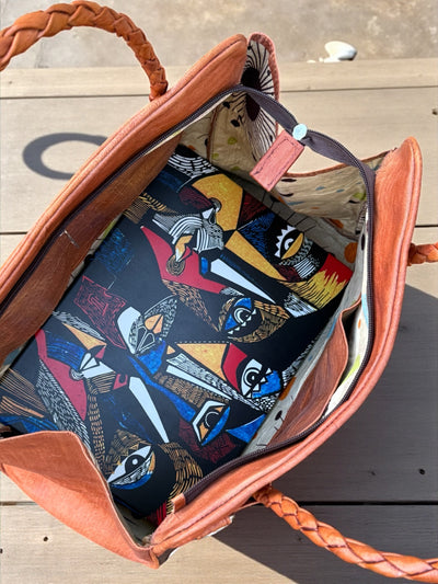Sahara Muse Leather Tote – Handmade in Mali with Mudcloth & Ebony Wood Accent (13.5x14x7)