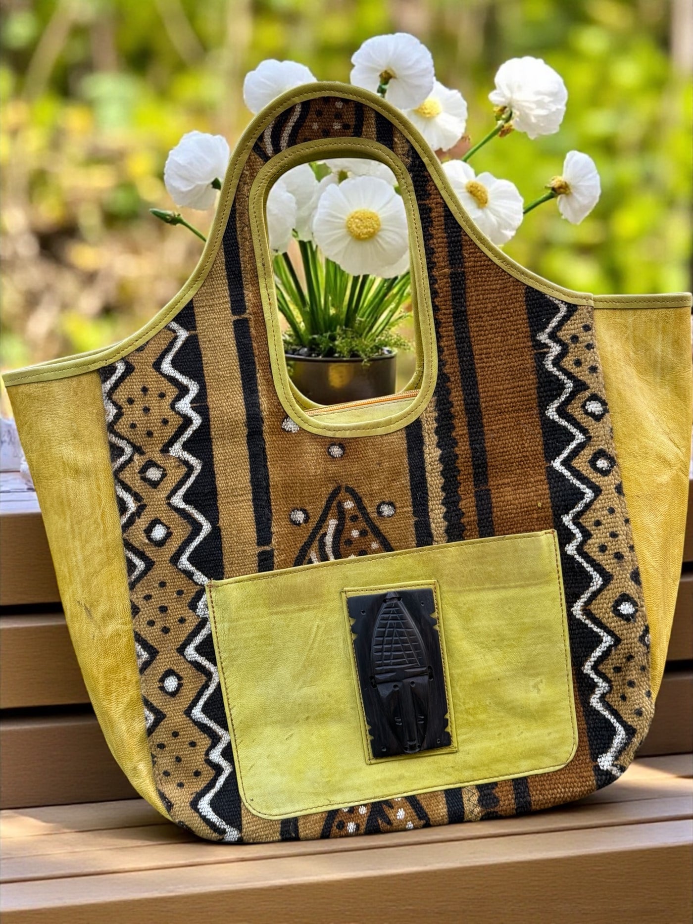 Golden Dune Mudcloth Tote – Handmade in Mali with Yellow Leather & Ebony Mask Accent (12x20x6)