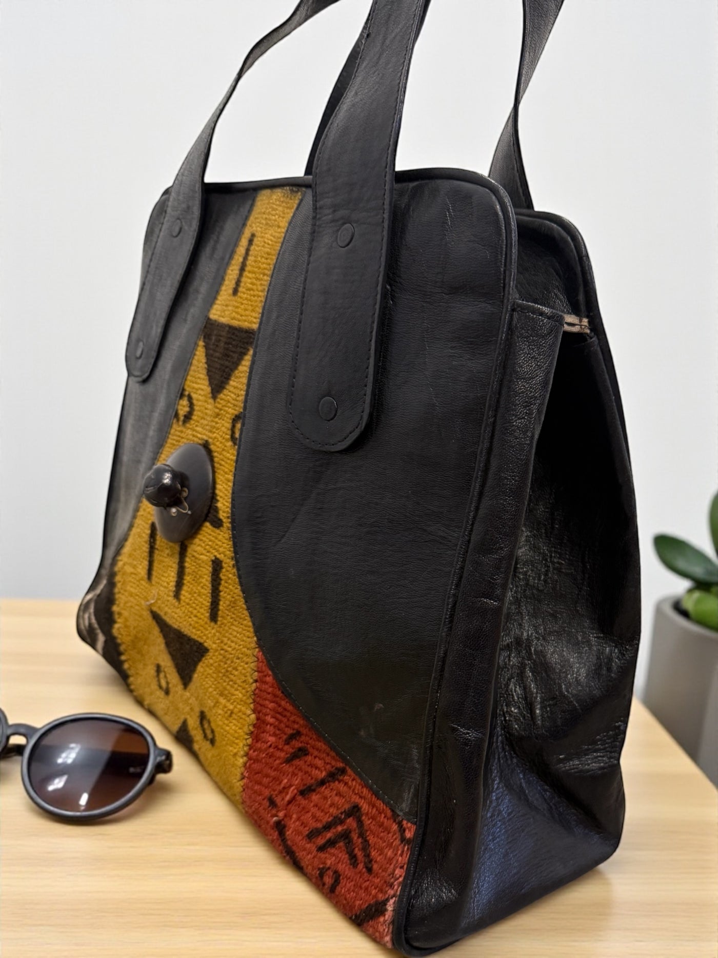 Tribal Majesty Tote – Black Leather & Multicolor Mudcloth Bag Handmade in Mali (14x15x8)