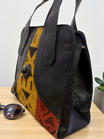 Tribal Majesty Tote – Black Leather & Multicolor Mudcloth Bag Handmade in Mali (14x15x8)