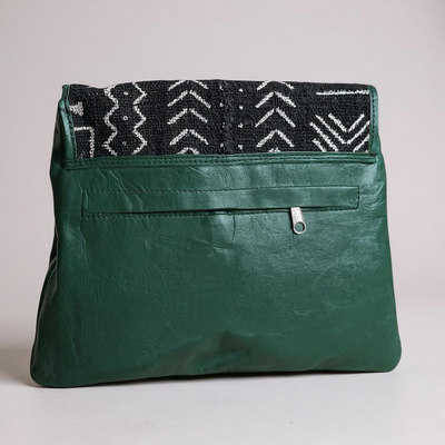 Green Bogolan Cipher Bag – Handmade Mudcloth & Leather Crossbody (9” x 11”)