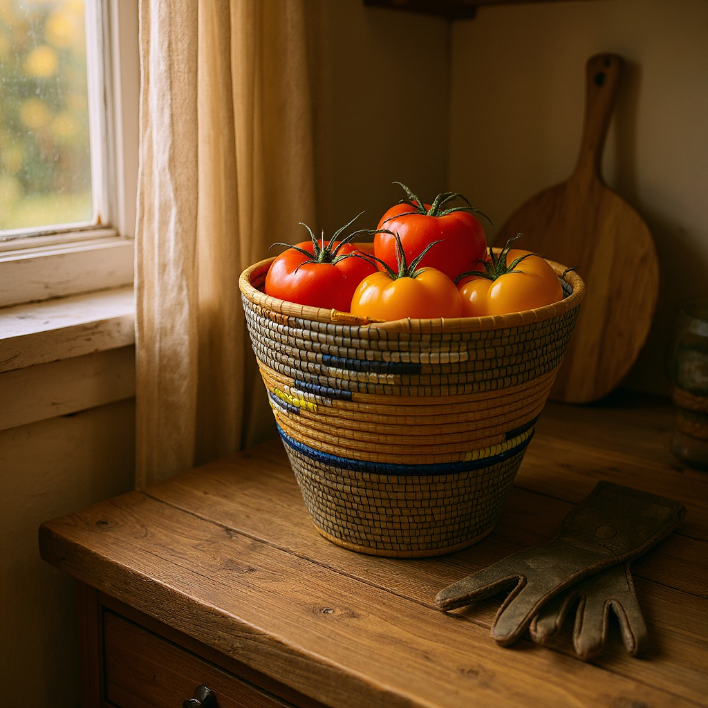 Rwanda Handwoven Lidded Basket – Blue, Yellow & Metallic Silver Accents (17.5”)