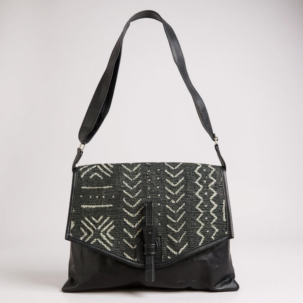 Black Bogolan Cipher Bag – Handmade Mudcloth & Leather Crossbody (9” x 11”)
