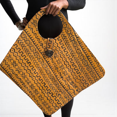 Golden Yellow Oversized Mudcloth-Inspired Leather Tote Bag – Two-Tone Handcrafted Statement Piece (25x22 inch)