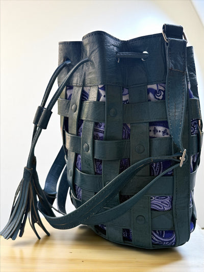 Teal Waffle Weave Leather & Patterned Mudcloth Bucket Bag – Handmade in Mali
