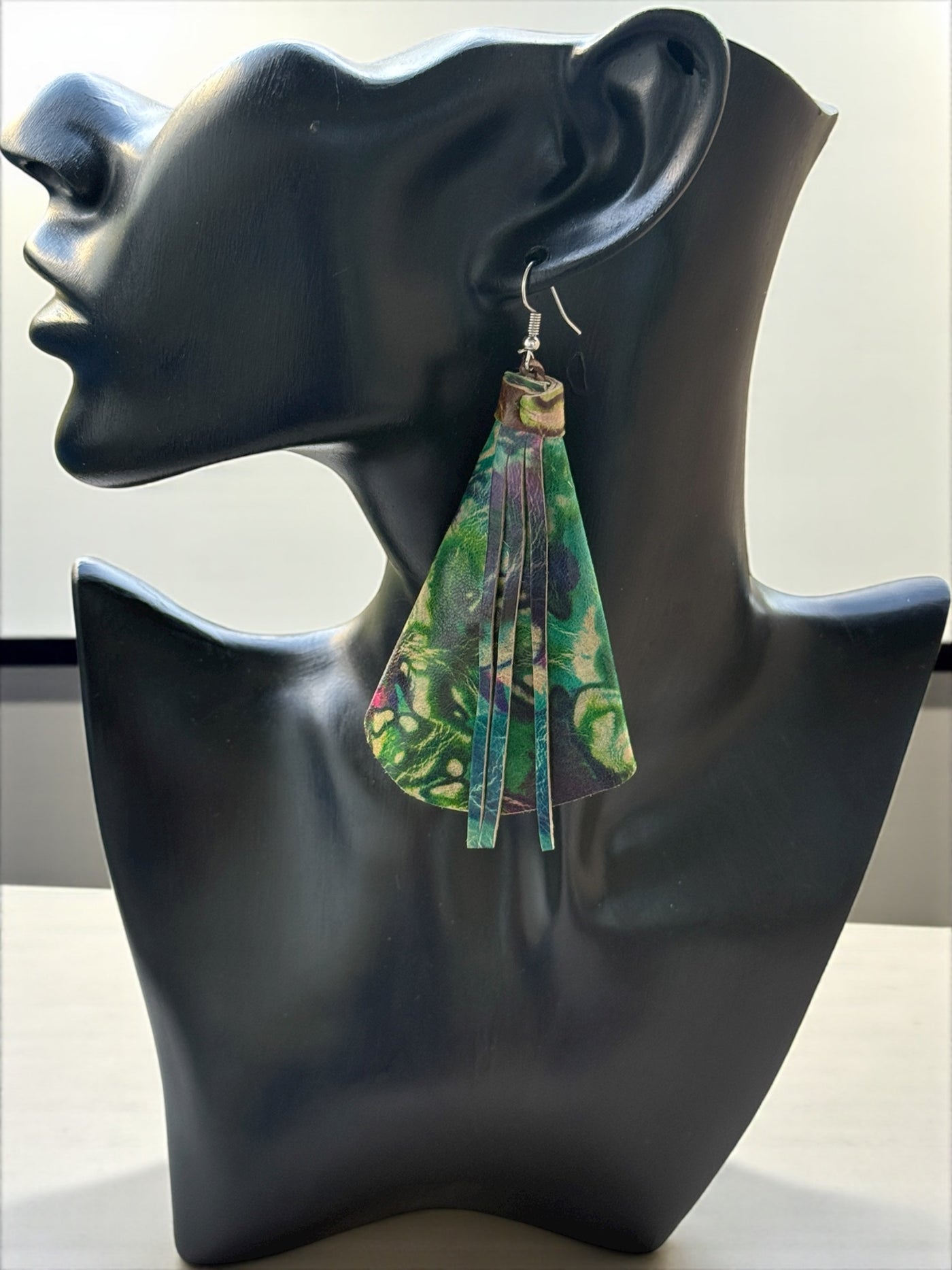 Saramani Bandi Tie-Dye Leather Fringe Earrings – Handmade in Burkina Faso (Green & Plum)