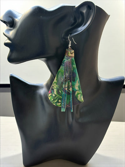 Saramani Bandi Tie-Dye Leather Fringe Earrings – Handmade in Burkina Faso (Green & Plum)