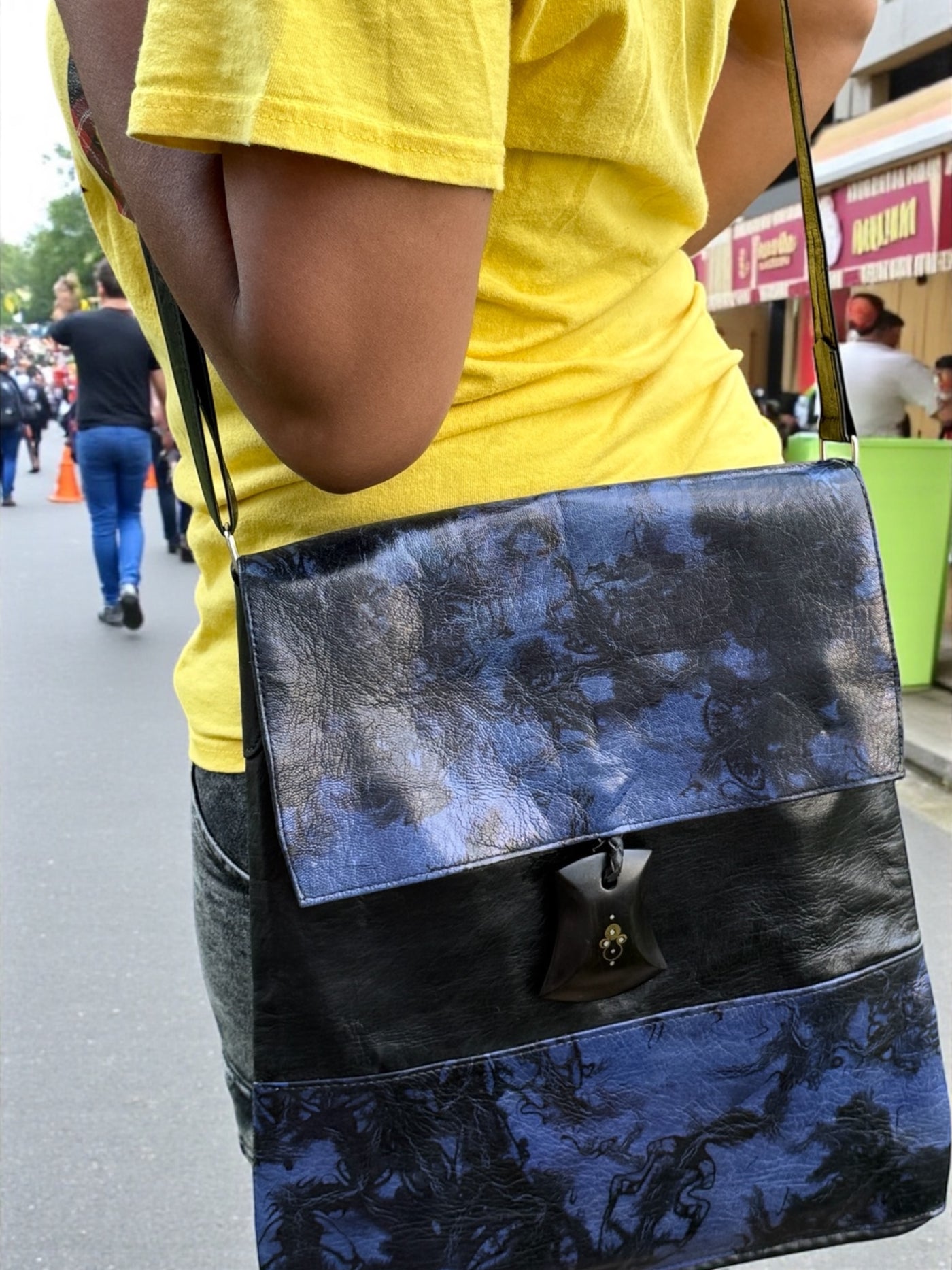 Indigo Eclipse Leather Crossbody – Handmade in Mali (13x14)