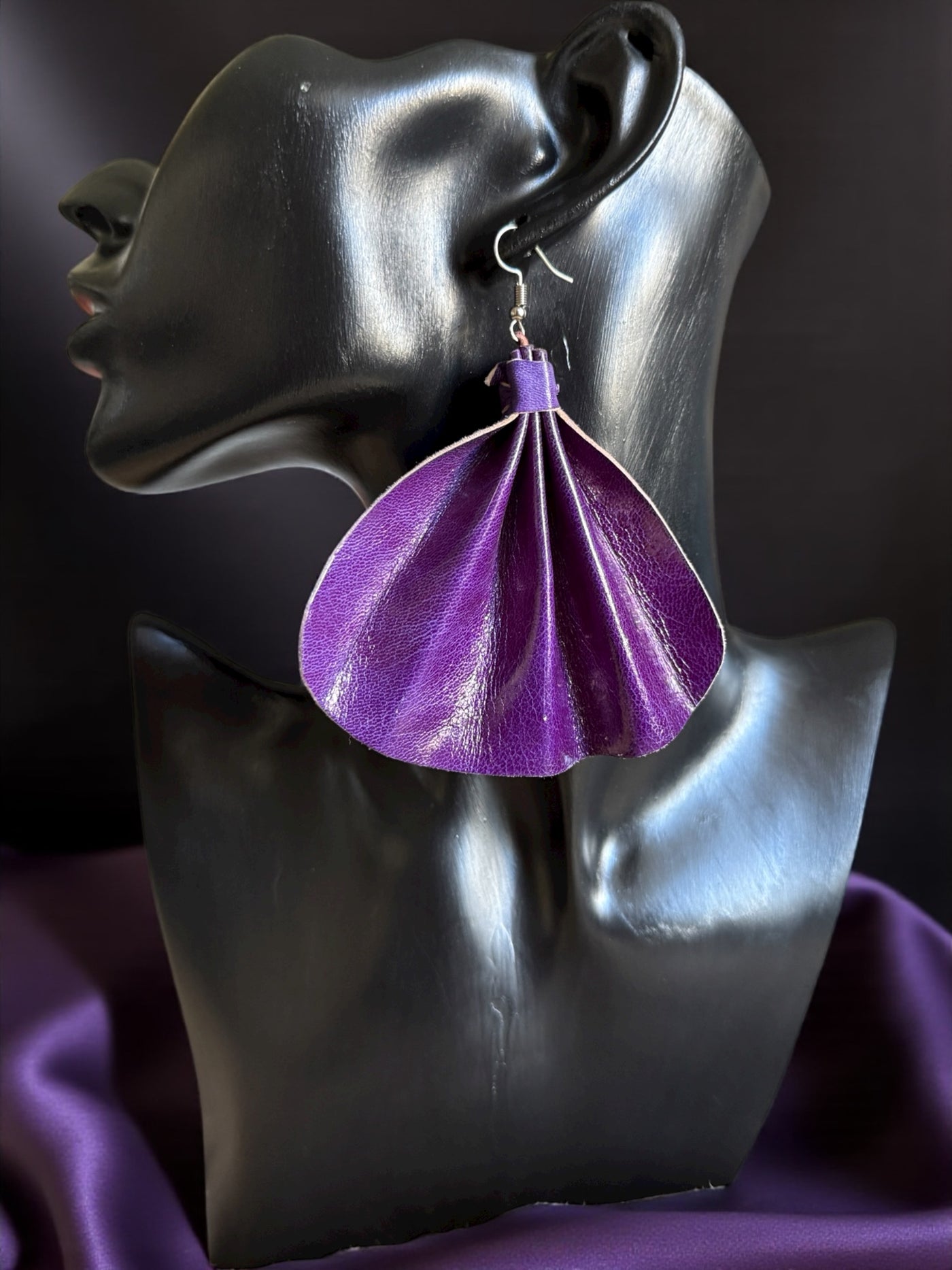 Saramani Royal Plum Leather Fan Earrings – Handmade from Recycled Leather, Burkina Faso