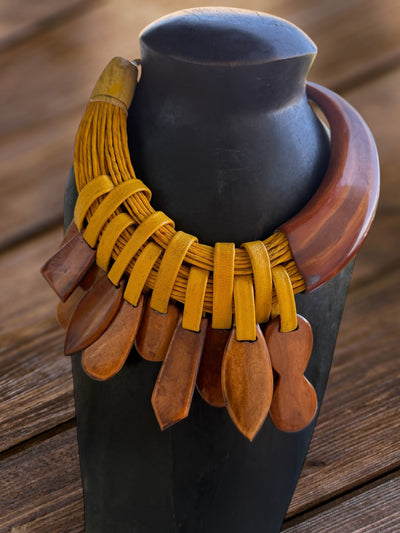 Sunu Kanu Necklace – Handmade African Statement Jewelry in Recycled Leather & Horn | 22–23” | Multiple Colors | Crafted in Mali