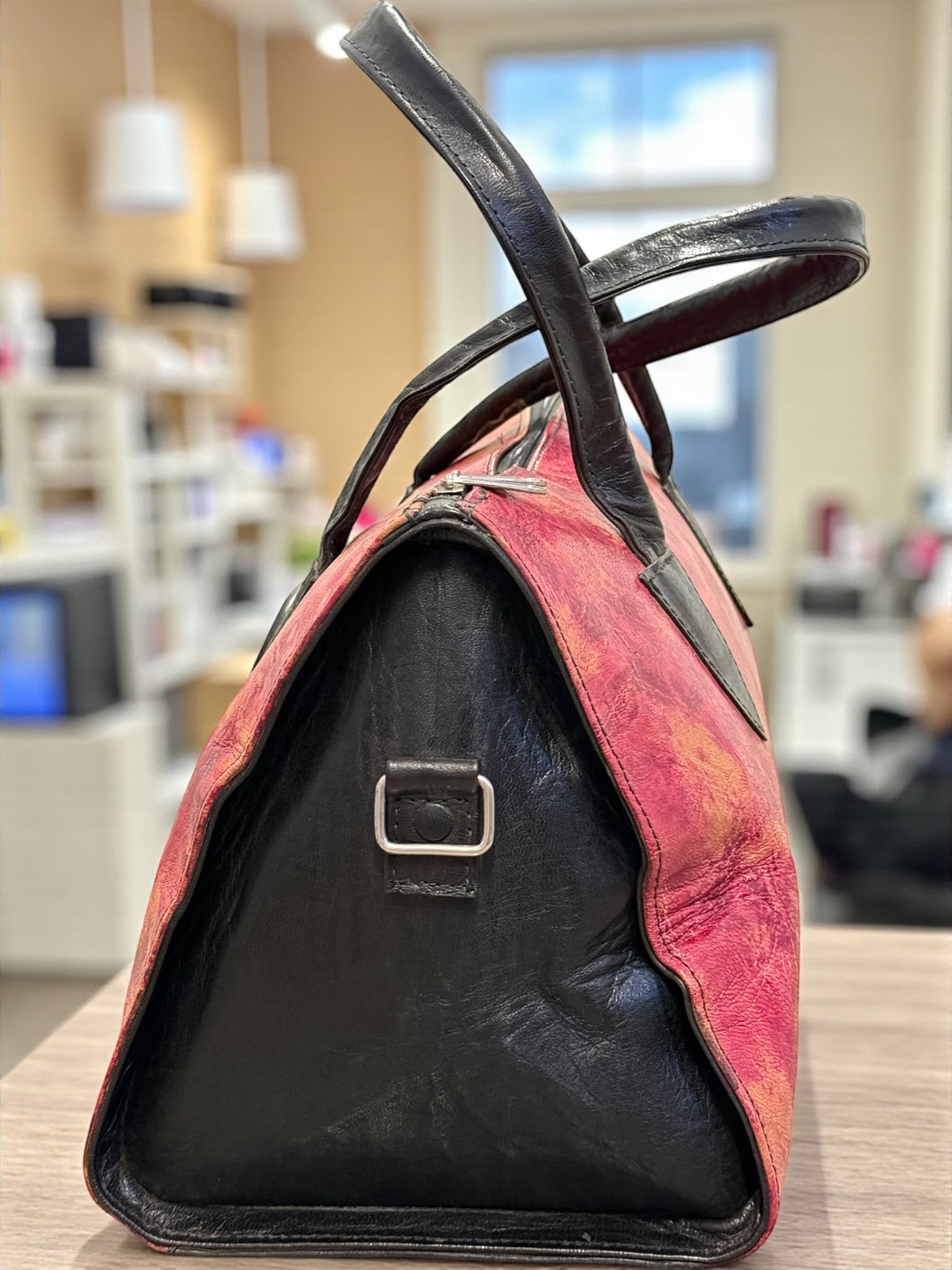 Desert Ember Leather Tote – Handmade in Mali with Ebony Wood Accent (10x14x7)