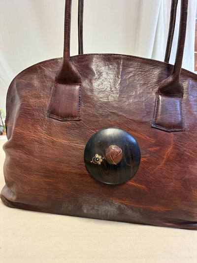 Desert Jewel Leather Tote – Genuine Brown Leather Bag with Ebony Wood Finish, Handmade in Mali (11x18x6)