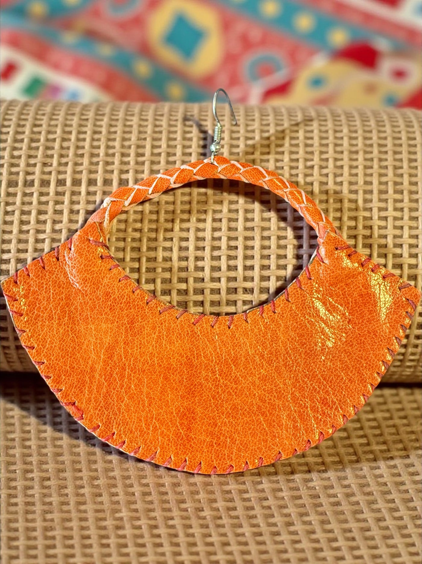 Sanaa Half-Moon Leather Earrings – Handcrafted Orange African Art Design