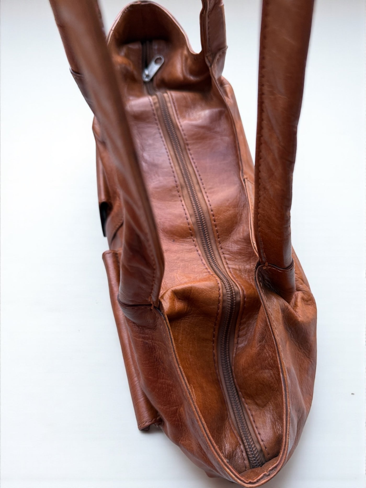 Vintage Cognac Leather Tote – Handmade 9.5” x 16” x 3” with Dual Front Pockets