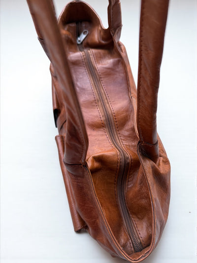 Vintage Cognac Leather Tote – Handmade 9.5” x 16” x 3” with Dual Front Pockets
