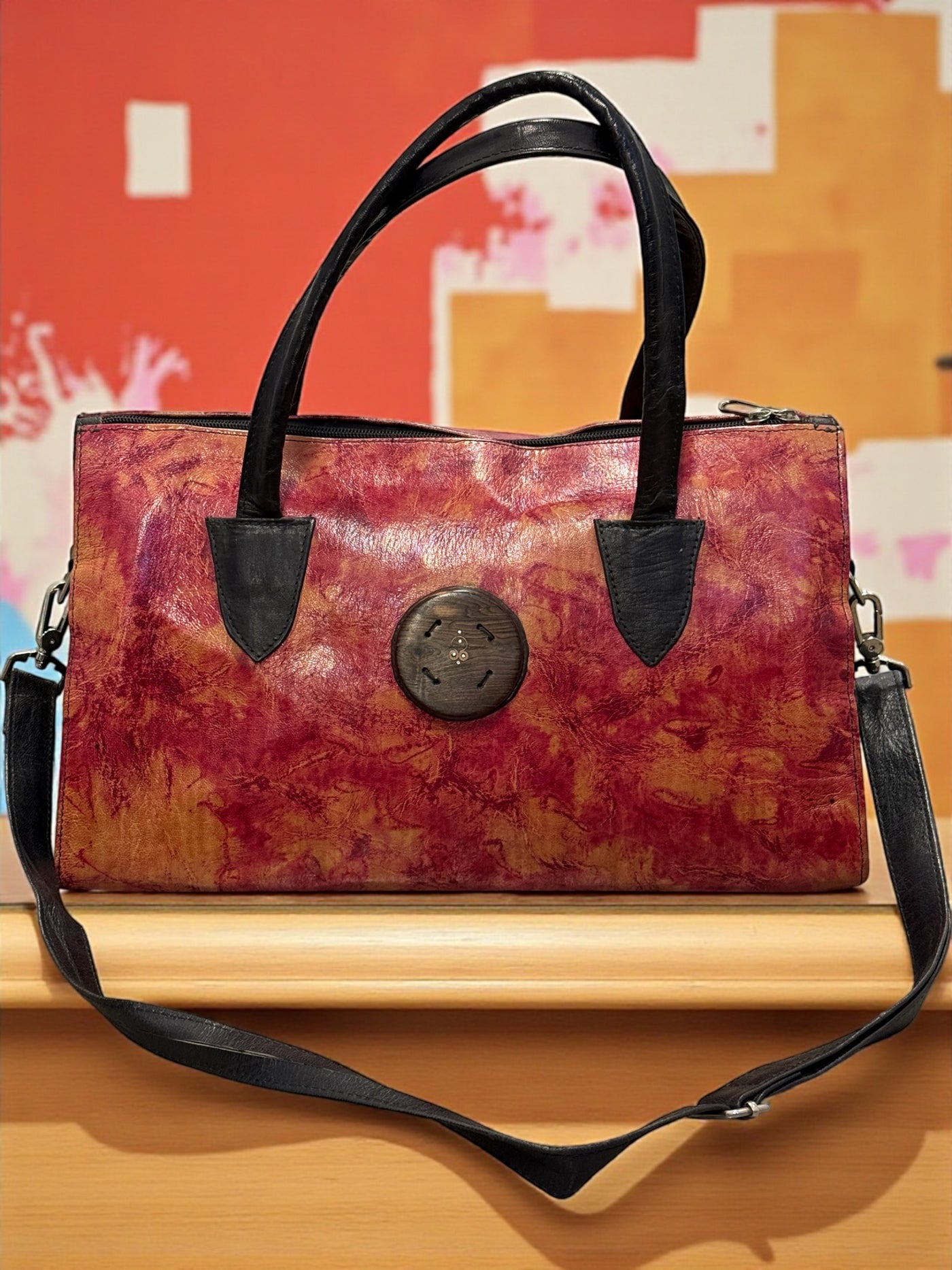 Desert Ember Leather Tote – Handmade in Mali with Ebony Wood Accent (10x14x7)