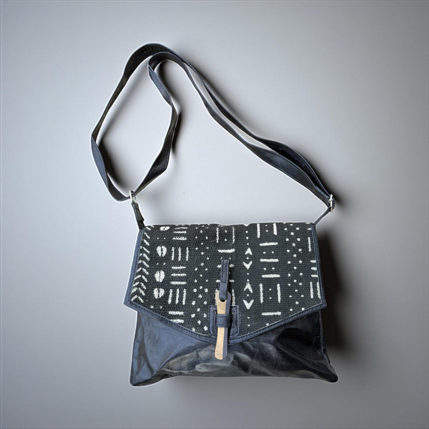 Black Bogolan Cipher Bag – Handmade Mudcloth & Leather Crossbody (9” x 11”)