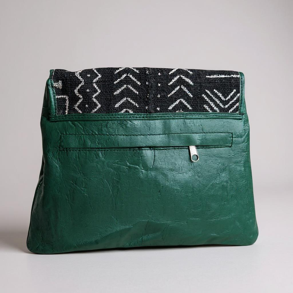 Green Bogolan Cipher Bag – Handmade Mudcloth & Leather Crossbody (9” x 11”)