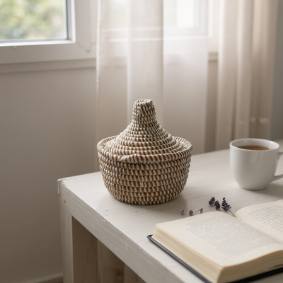 Small Senegal Handwoven Lidded Basket – Natural & White Stripes (8”)