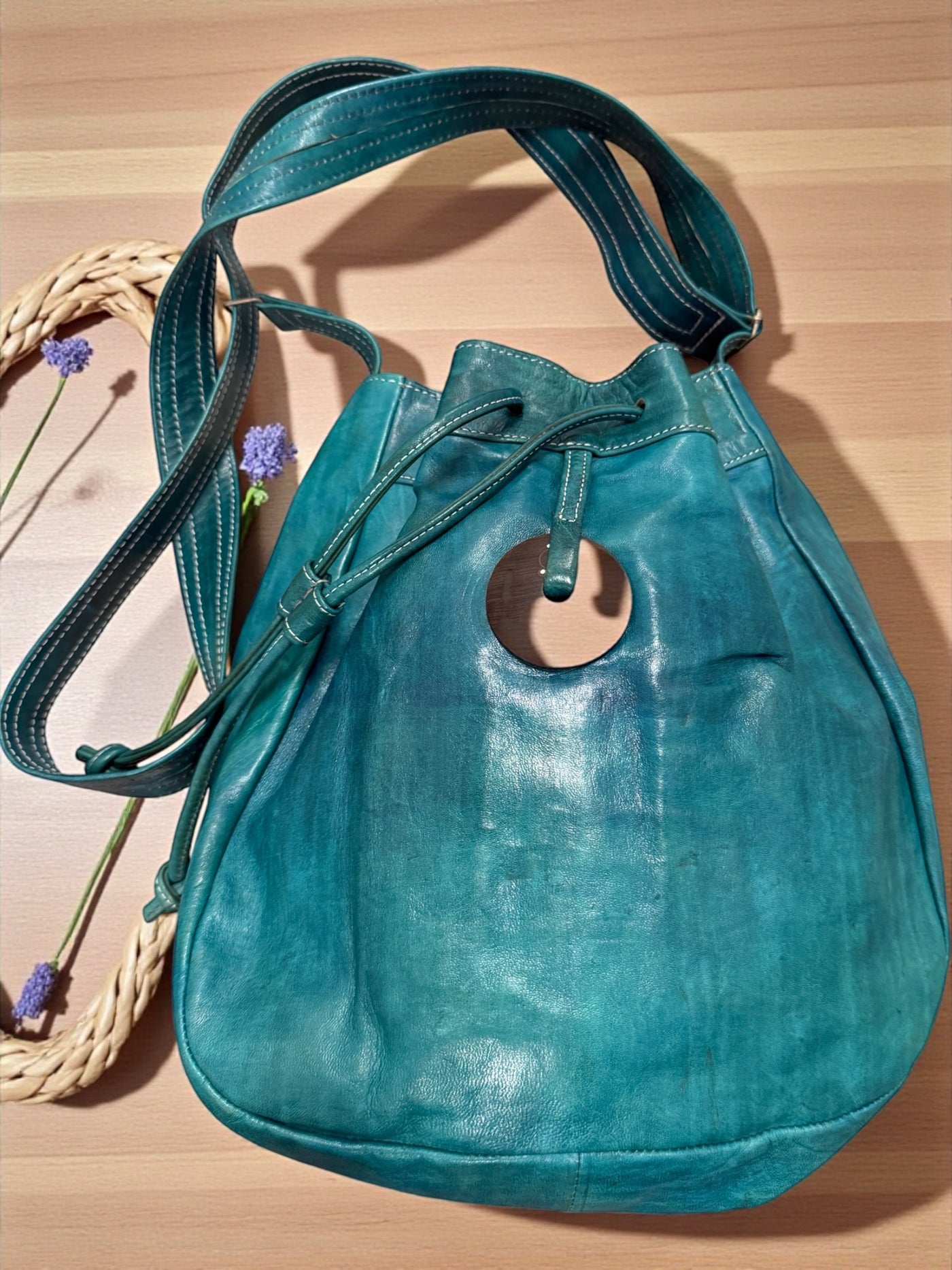 Azure Nomad Leather Bucket Bag – Hand-Dyed & Handmade in Mali