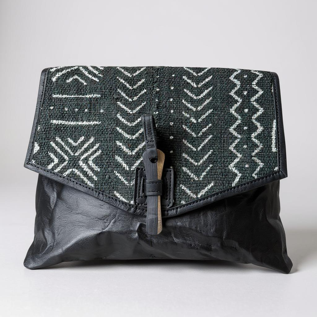 Black Bogolan Cipher Bag – Handmade Mudcloth & Leather Crossbody (9” x 11”)