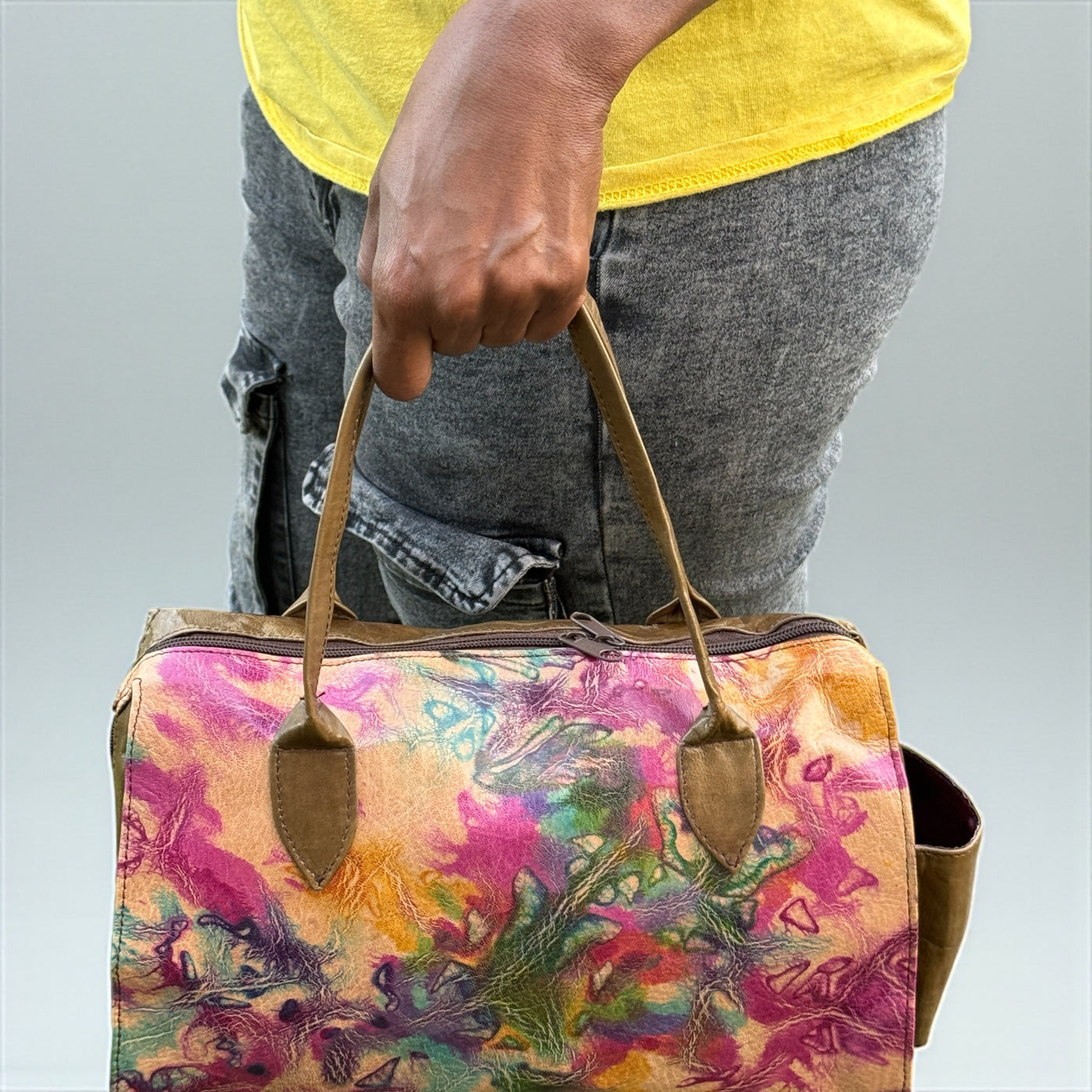 Aurora Burst Tie-Dye Leather Duffle Bag – 9x11x5 inch