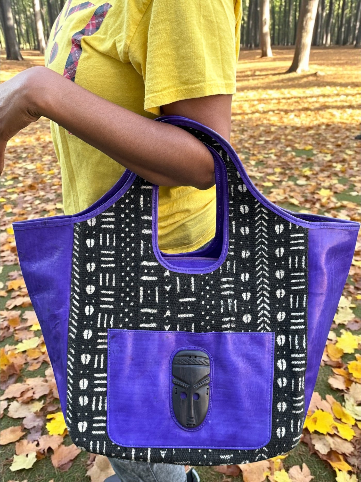 Royal Nomad Mudcloth Tote – Handmade in Mali with Purple Leather & Ebony Mask Accent (12x20x6)
