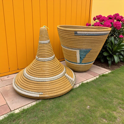 Rwanda Handwoven Lidded Basket – Mustard & White Accents (20”)