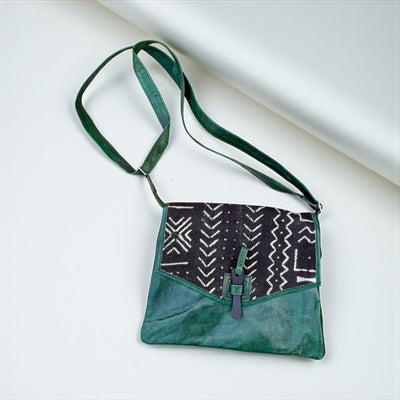 Green Bogolan Cipher Bag – Handmade Mudcloth & Leather Crossbody (9” x 11”)