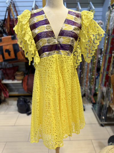 Yellow African Cotton Lace Fabric Mini Dress One Size Fit Up To Large