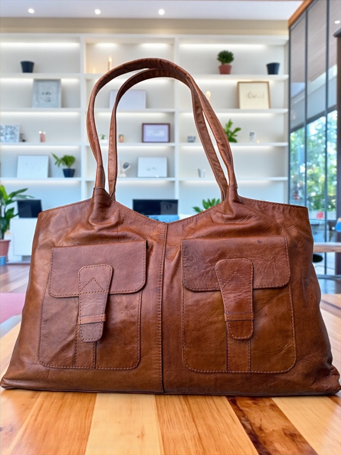 Vintage Cognac Leather Tote – Handmade 9.5” x 16” x 3” with Dual Front Pockets